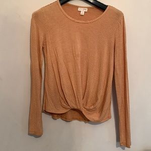 Maison Jules Women’s Twisted Hem Basic T-Shirt Mustard/White Stripe Size XS